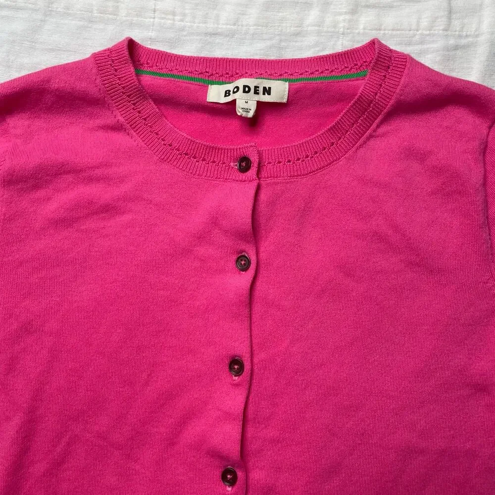 Boden Hot Pink Button Front Cardigan Sweater Sz Medium Women's Cotton Crewneck